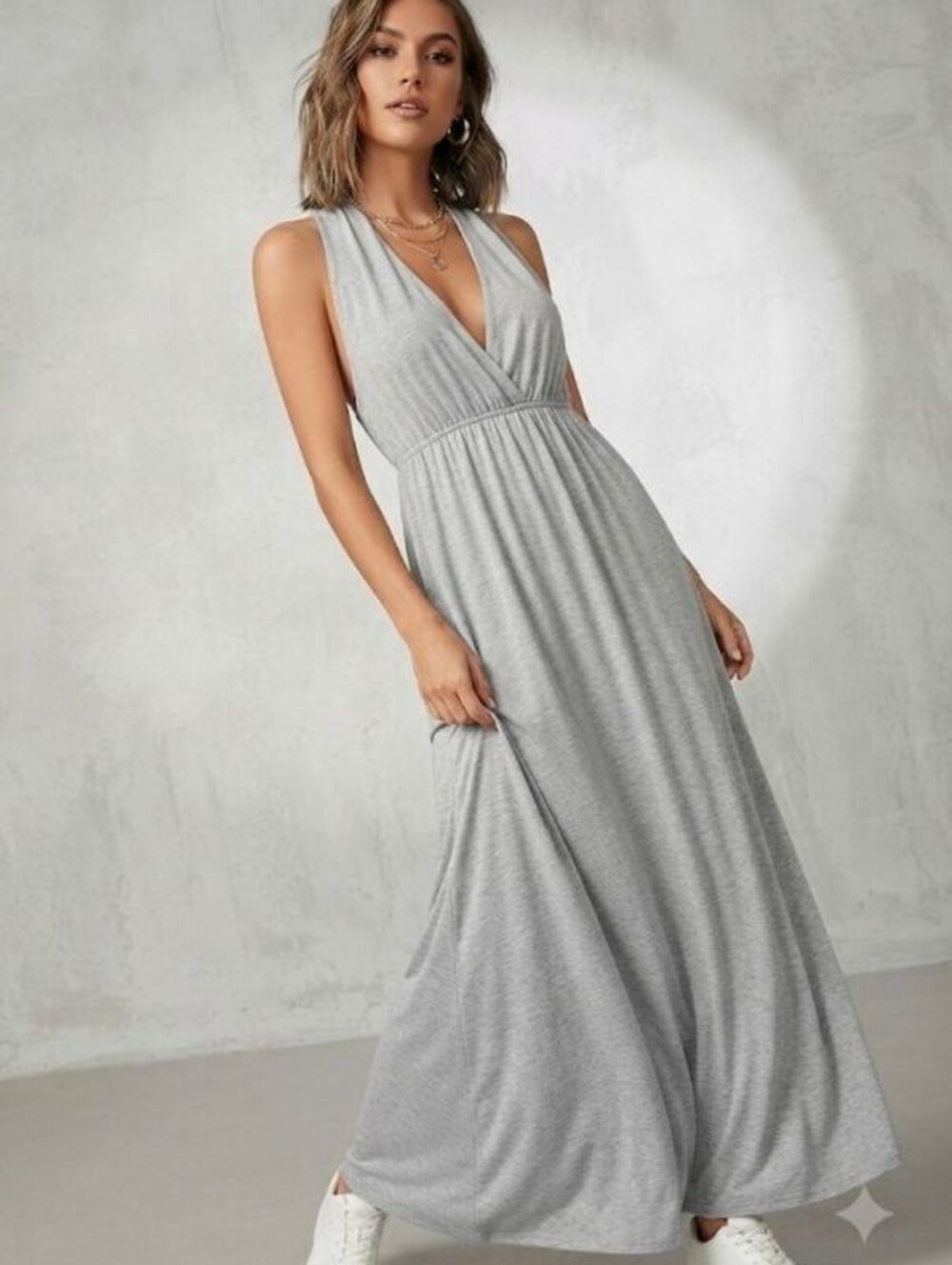 Source Unknown Gray Sleeveless Maxi Dress with Deep V-Neck